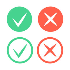 Check mark icons. Green tick and red cross checkmarks icons set. Vector illustration.