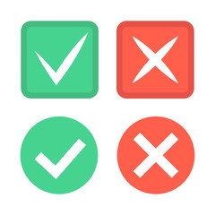Check mark icons. Green tick and red cross checkmarks icons set. Vector illustration.