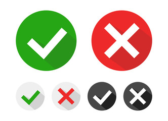 Check mark icons set. Tick and cross checkmarks icons with shadow. Vector illustration.