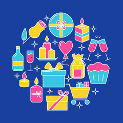 Holiday celebration round concept banner in colored line style