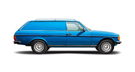 Fototapeta na wymiar Blue German classic pick-up truck side view isolated on white