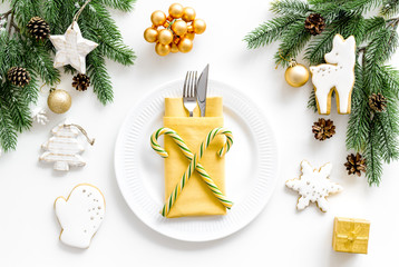2020 year celebration with table setting, present on white background top view