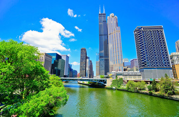 Obraz premium View of the Chicago River with the skyline of Chicago on a sunny day.
