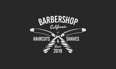 Vintage barbershop emblem isolated on black background. Trendy barber shop poster with crossed blades. Vector illustration