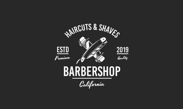 Vintage barber shop emblem, badge, label. Barbershop abstract poster with barber pole and blade. 