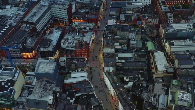 Aerial of Grafton pedestrian street, revealing Trinity College and Dublin City center