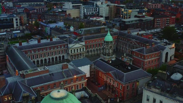 Aerial of watch tower in Dublin Castle at blue hour