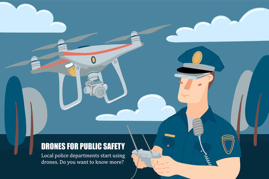 Police Officer, Policeman Operating A Flying Drone With Remote Controller, Horizontal Banner, Flyer Template, Flat Style Vector Illustration With Place For Text. Policeman Operating A Patrolling Drone