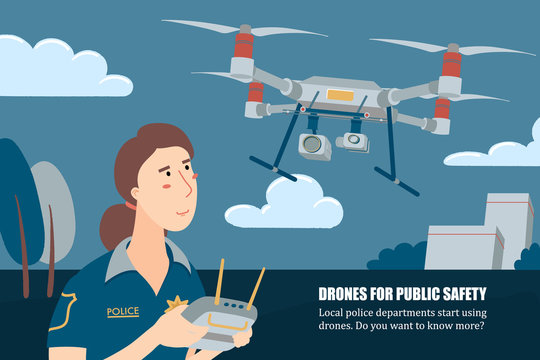 Police officer, policewoman operating drone with remote controller, horizontal banner, flyer template, flat vector illustration with place for text. Female police officer operating a patrolling drone