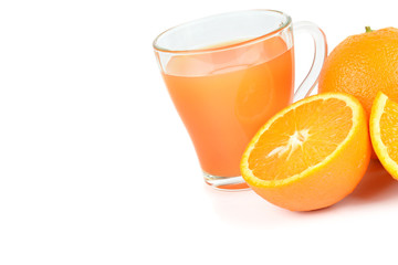 Fresh orange juice isolated on white background. Free space for text.
