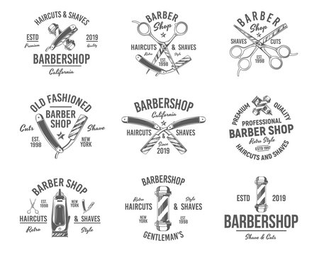 Vector barbershop emblems, labels, badges isolated on White background. Barber vintage logo templates. Set of 9 vintage barbershop emblems