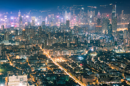 Aerial photo of city buildings during nighttime