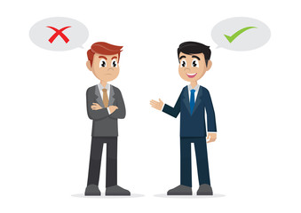 Two businessman thinking opposites with right and wrong sign.