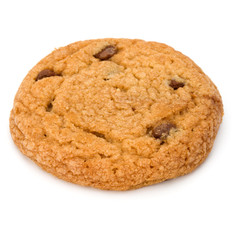 One Chocolate chip cookie isolated on white background. Sweet biscuit. Homemade pastry.