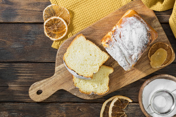 Homemade cottage cheese pie on a wooden table. Traditional dessert. Rustic style