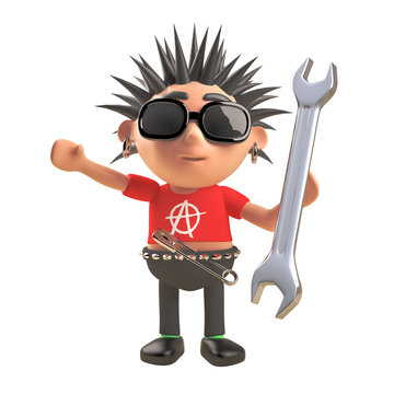 Cartoon 3d punk rocker character with spiky hair holding a spanner tool, 3d illustration