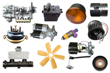 Auto spare parts car on the white background. Set with many isolated items for shop or aftermarket