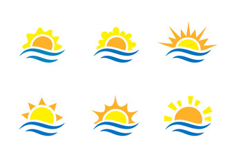 Obraz premium Sunrise and sea cartoon logo temlates collection. Water waves and sunbeam icons set.