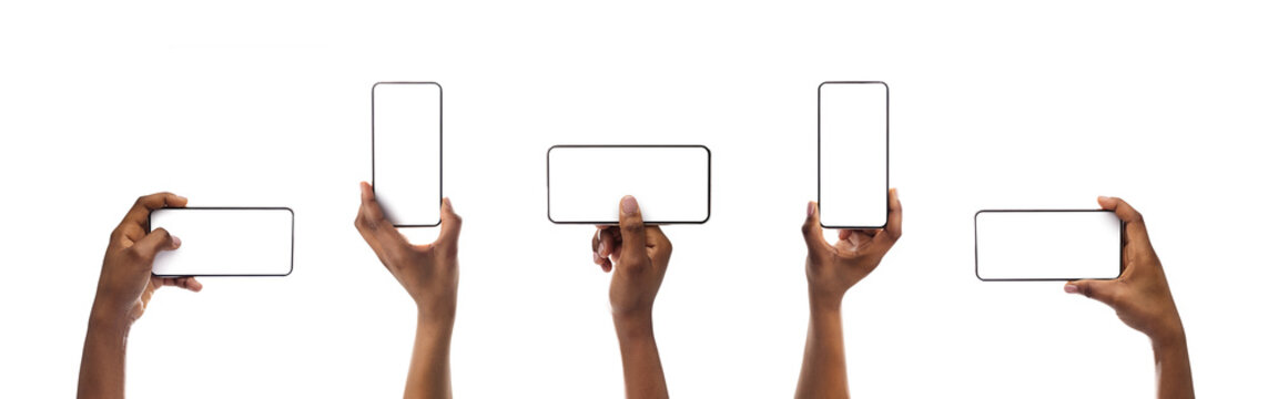 Set of black woman's hands holding smartphone with blank screen