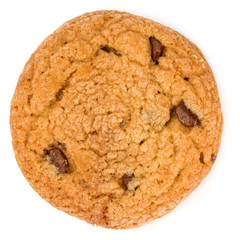 One Chocolate chip cookie isolated on white background. Sweet biscuit. Homemade pastry.
