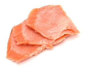 smoked salmon segments isolated on white background cutout. Prepared fish fillet fibres.