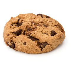 One Chocolate chip cookie isolated on white background. Sweet biscuit. Homemade pastry.