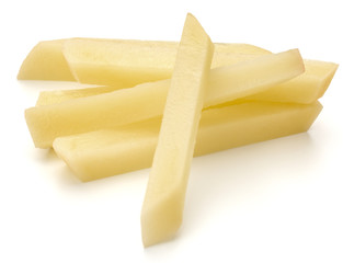 Raw Potato sliced strips prepared for French fries isolated on white background