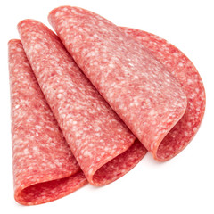Salami smoked sausage slices isolated on white background