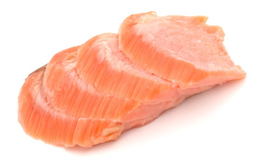 smoked salmon segments isolated on white background cutout. Prepared fish fillet fibres.