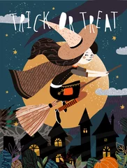 Fotobehang Happy Halloween! Vector cute illustration of a witch on a broomstick flying on a moonlit night over a gloomy city. Drawing for card, background or poster. © Ardea-studio