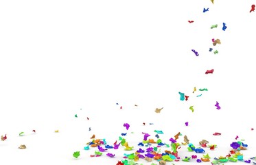 Bright crumpled pieces of paper fly to the floor. Isolated white background