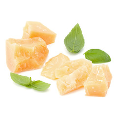 shredded parmesan cheese and basil leaf isolated on white background cutout