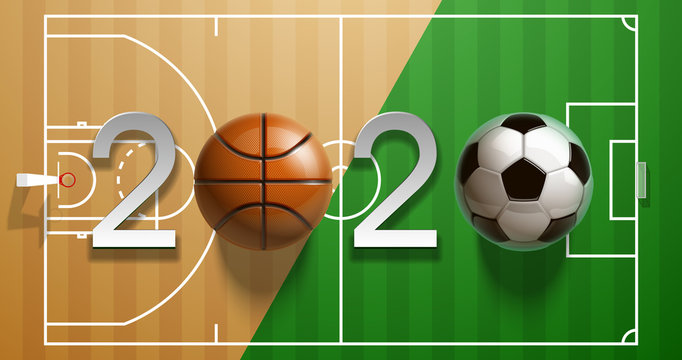 Football basketball 2020 championship Design greeting card banner. greeting card with new year 2020 logo Realistic 3d soccer and basketball balls above on field. classic leather football ball postcard