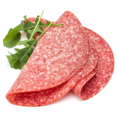 Salami smoked sausage slices isolated on white background