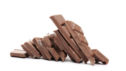 Chocolate with cocoa bars, pieces isolated on white background