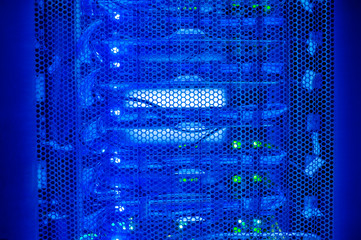 The server room tells the computer server that is working continuously. Convey the power and...