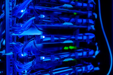 The server room tells the computer server that is working continuously. Convey the power and...