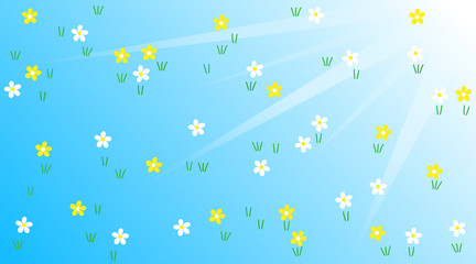 Blooming white daisies on a background of blue sky under the bright rays of the sun on a summer day. Vector EPS10