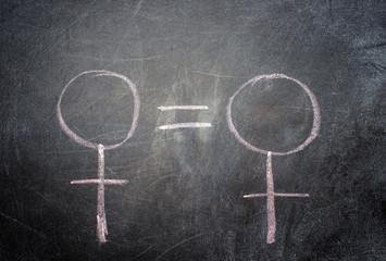 Fototapeta na wymiar On a black chalkboard, female symbols of accessories are drawn in chalk with an equal sign between them. Gender affiliation