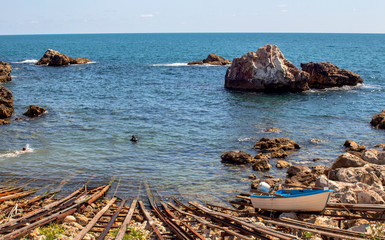 Seascape. The fishing pier in Tyulenovo - one of the most picturesque places on the Northern Black Sea coast, Bulgaria.