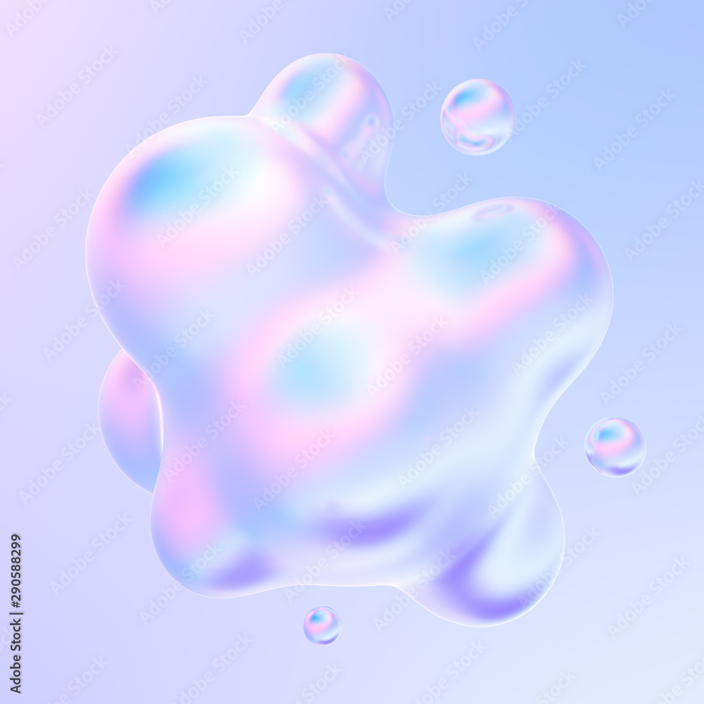Poster Abstract 3d holographic gradient drop liquid shape. Liquid metal bubbles splash. 3d rendering.