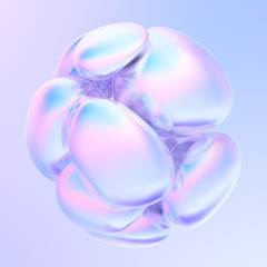 Holographic abstract fluid bubbles. Iridescent shapes on holographic background. Liquid shapes. 3d rendering.
