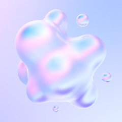 Abstract 3d holographic gradient drop liquid shape. Liquid metal bubbles splash. 3d rendering.