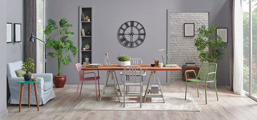 Grey living room interior decoration style. Modern wooden table middle of room, eating and working style.