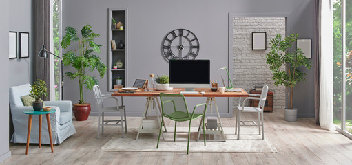 Grey living room interior decoration style. Modern wooden table middle of room, eating and working style.