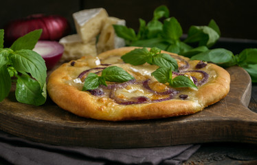 traditional Italian pizza with onion and Basil.