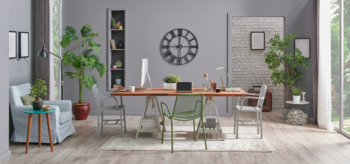 Grey living room interior decoration style. Modern wooden table middle of room, eating and working style.