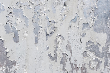 Grunge white metal wall with peeling paint, close-up background photo texture