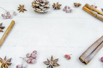 New year, Christmas, background. balls, cinnamon, bump, ash, snow