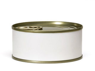 Tin can from side with white blank label isolated on white background including clipping path 